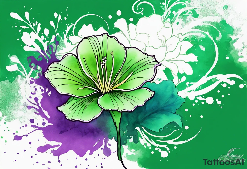 An outline of an only green rio dipladenia flower and a green and purple watercolor splash in the background tattoo idea