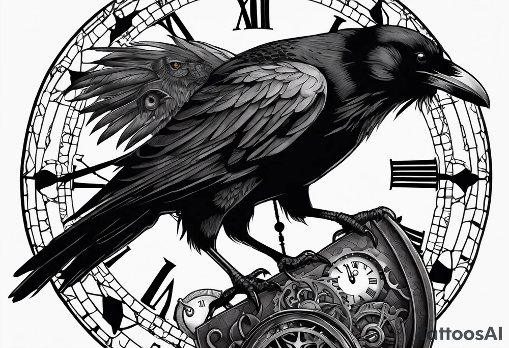 Raven sitting on a clockwork tattoo idea