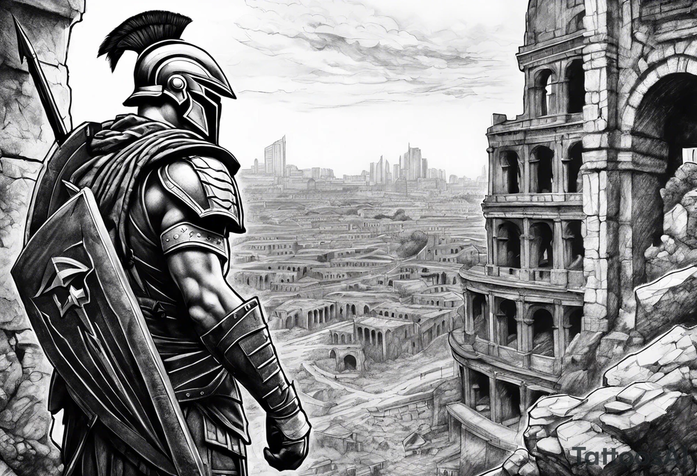 Spartan Soilder looking at city ruins tattoo idea