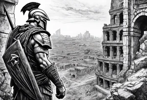 Spartan Soilder looking at city ruins tattoo idea