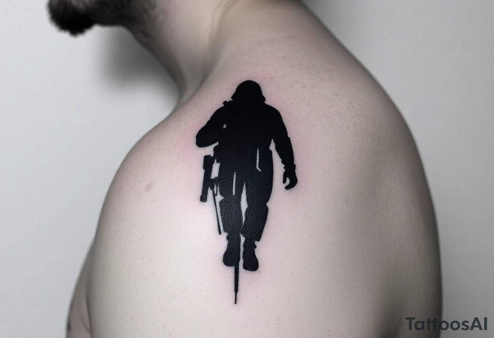Minimalist covert operative symbolism representing loyalty and survival, faceless soldier silhouette emerging from darkness, torn fabric, subtle scars, controlled posture, black and grey realism, emotional restraint, understated strength, tattoo sleeve element. tattoo idea