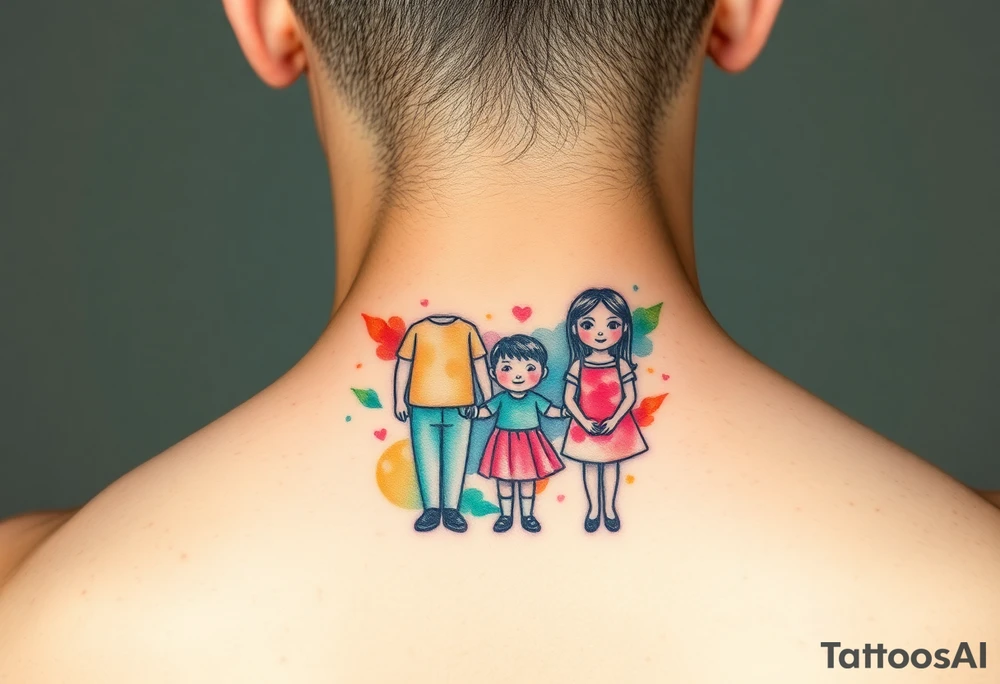Family 2 parents 2 kids with colour around the caracters tattoo idea