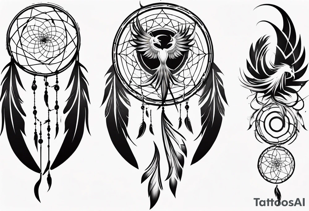 Vertical screaming Phoenix in circles with abstract dream catcher tail tattoo idea