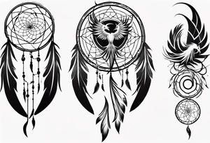 Vertical screaming Phoenix in circles with abstract dream catcher tail tattoo idea