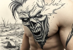 Close-up zombie face, shotgun fire erupting, desolate wasteland background. tattoo idea