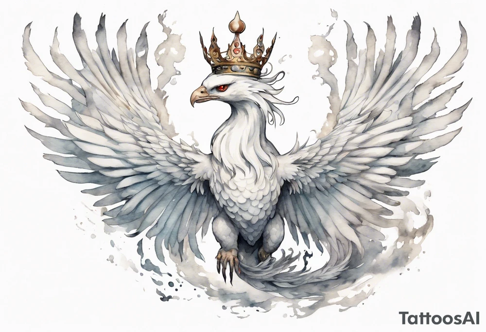 a white phoenix-serpent hybrid wearing a crown, flying in the air tattoo idea