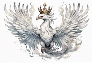 a white phoenix-serpent hybrid wearing a crown, flying in the air tattoo idea