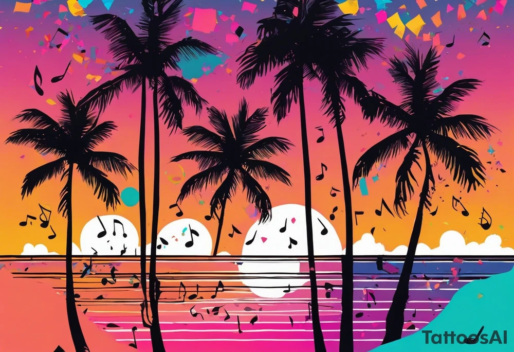 1980's miami vice style beach dance 
party, include confetti, music notes, boom box, SILHOUETTE bikinis sunset in the center tattoo idea