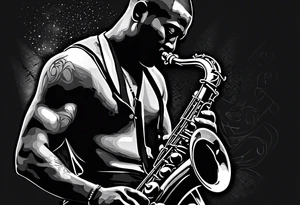 Muay Thai boxer with strong body is playing jazz on a Selmer tenor saxophone in a jazz club front of a jazz trio band. The notes are coming out from the saxophone and turning into buddhist symbols. tattoo idea