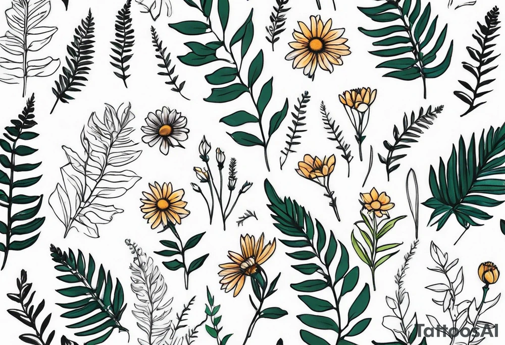 vertical mixed wildflower with ferns and with light color tattoo idea