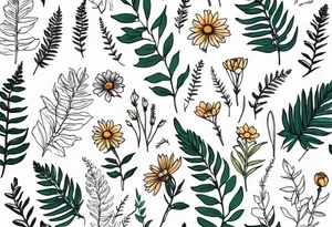 vertical mixed wildflower with ferns and with light color tattoo idea