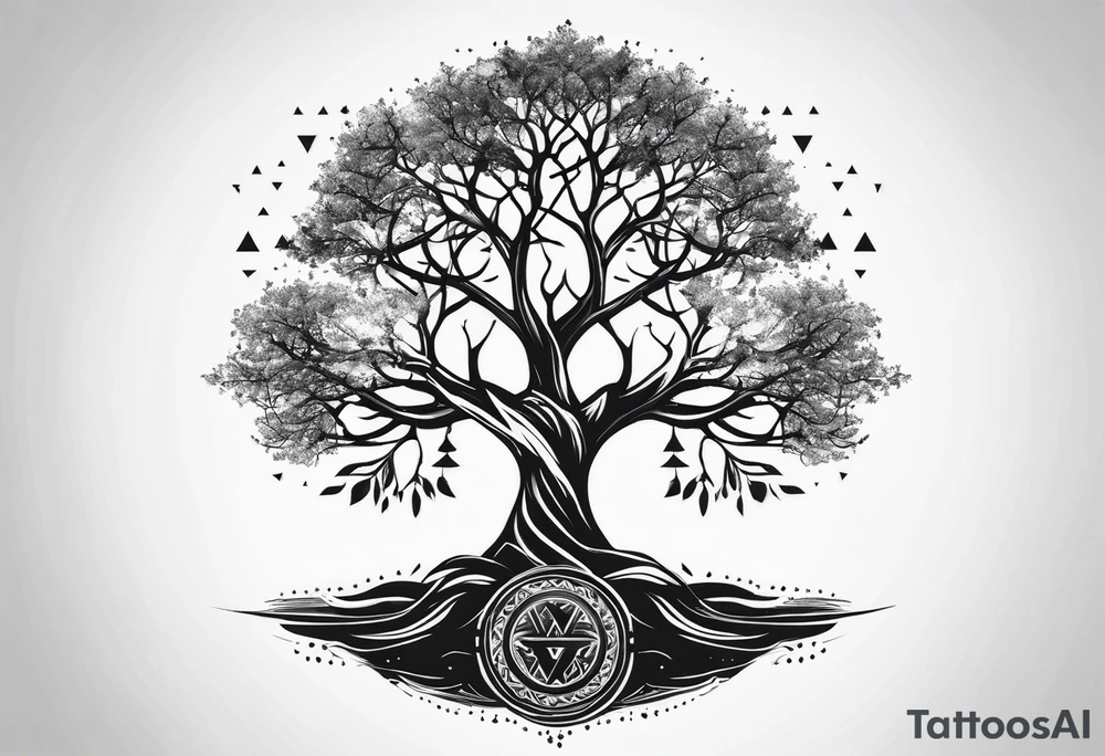 minimalistic Yggdrasil tree with 3 triangles set behind it tattoo idea minimalistic Yggdrasil tree with 3 triangles set behind it tattoo idea
