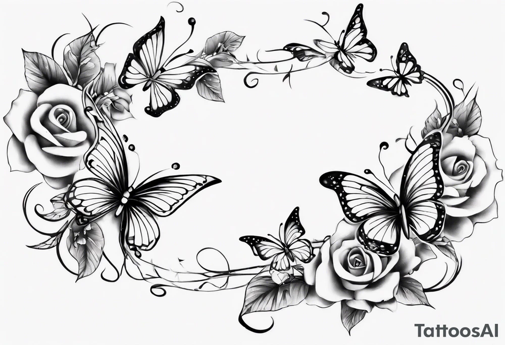 Flower and butterflies thin tattoo which will wrap around ankle horizontally which is larger in the centre tattoo idea