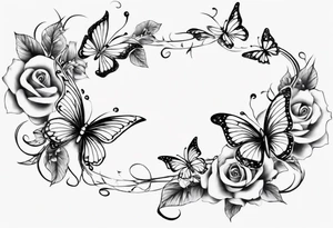 Flower and butterflies thin tattoo which will wrap around ankle horizontally which is larger in the centre tattoo idea