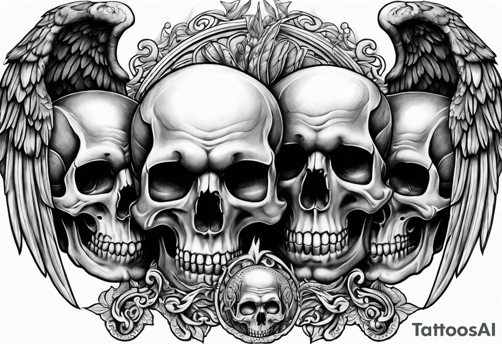 See no evil hear no evil speak no evil  skulls go down the back with angel wings wrapped around the skulls tattoo idea