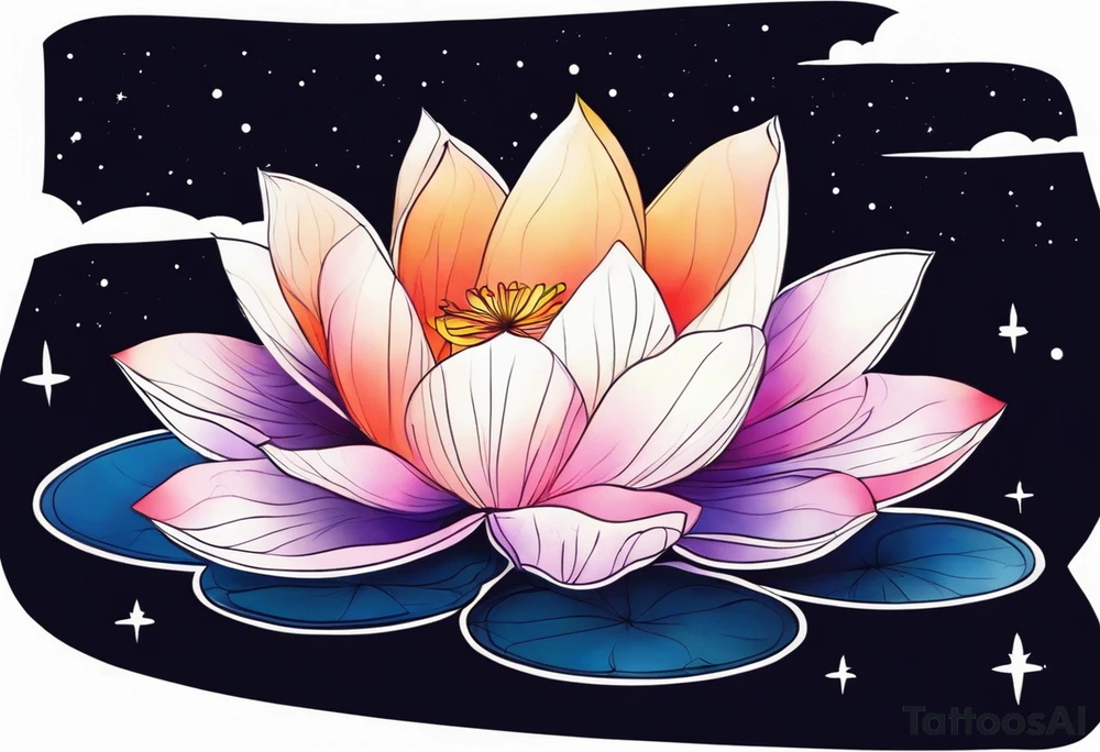 Single Vibrant colorful lotus flower on the pond with the night sky in the background tattoo idea