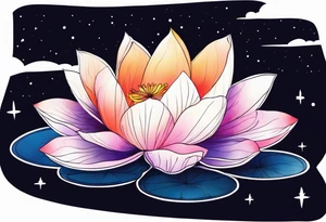 Single Vibrant colorful lotus flower on the pond with the night sky in the background tattoo idea