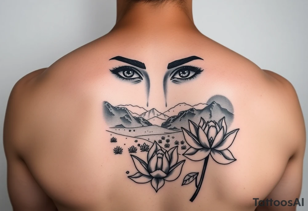 Arab woman with her eyes only glazing over mountains in the desert with el paso tx culture and lotus flower tattoo idea