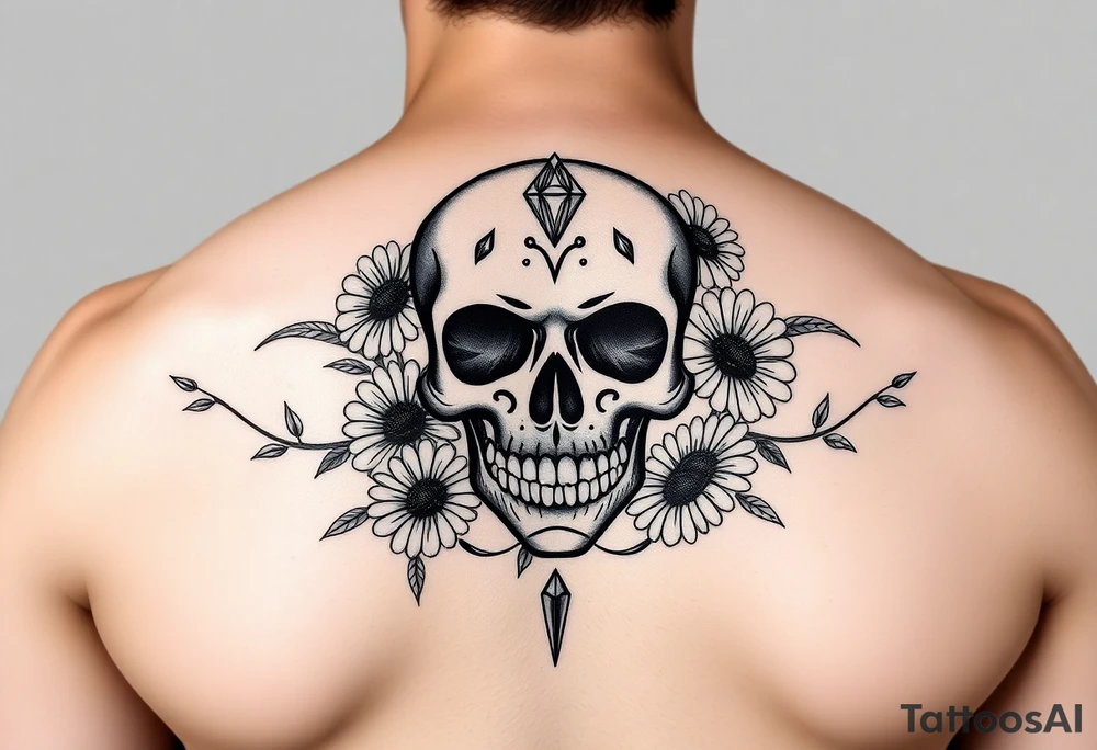 Masculine sugar skull with diamonds and daisies tattoo idea Masculine sugar skull with diamonds and daisies tattoo idea
