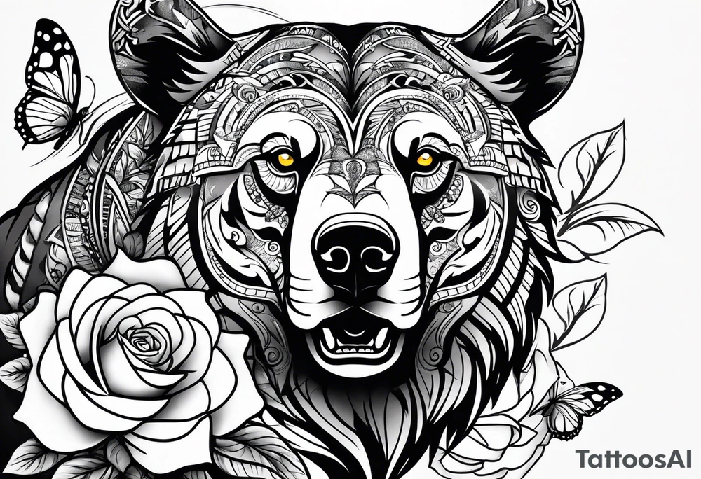 A tribal bear above the butterfly and yellow rose tattoo idea
