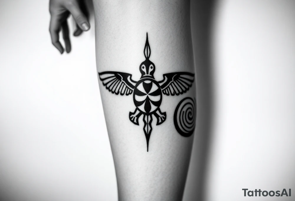 I would like a Samoan/Polynesian tattoo that covers the entire leg from the calf to the ankle, in a traditional style with thick lines and geometric patterns. the base must be similar to classic Samoan band tattoos, but personalized: with symbols of strength and combat (spearheads / niho hand), family symbols (enata figures), symbols of the sea and travel (waves, spirals), it is a protective element like the turtle (honu). the design must be harmonious and envelop the ... tattoo idea