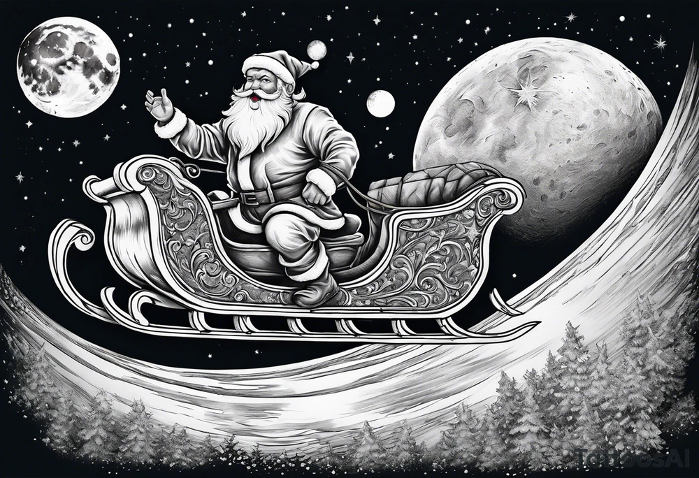 Santa flying across the moon with his sleigh tattoo idea