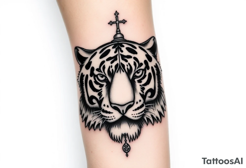 Realistic tiger face on the back of the hand with strong contrast and fine detail. Forearm features a highly detailed Russian Orthodox cathedral with onion domes and crosses, done in fine line, engraving-like style. Cohesive composition, black ink only, no color, high contrast, slightly aged, documentary-style, plain light background. tattoo idea
