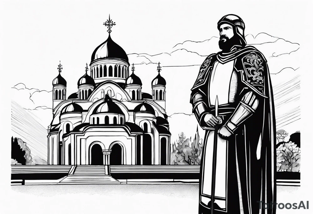 Standing serbian knight in front of the temple of saint sava in belgrade, serbia. tattoo idea