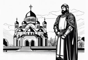 Standing serbian knight in front of the temple of saint sava in belgrade, serbia. tattoo idea