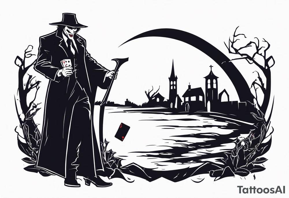 the joker as the grim reaper, shooting a gun and holding the scythe behind his back. He is wearing a suit and trench coat that looks like a cloak. He is standing in a graveyard, but there playing cards as the gravestibes, tattoo idea
