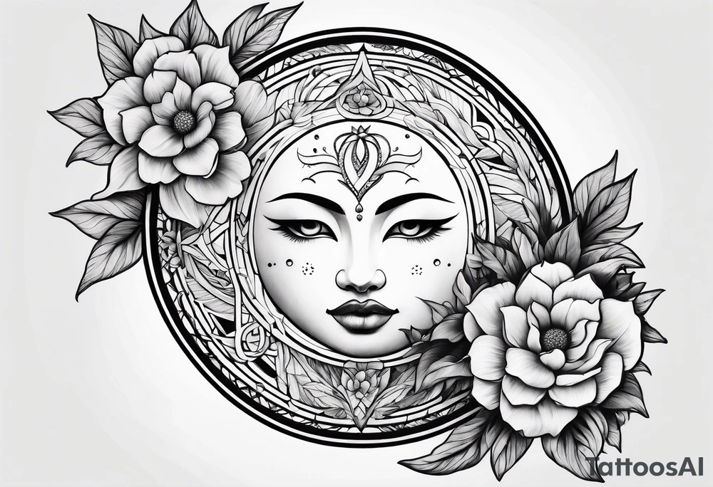 sun moon floral no shading or shadowing tattoo idea