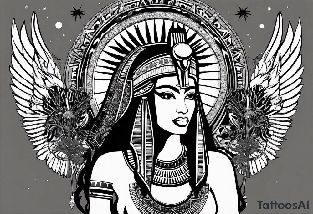black and white Egyptian goddess Isis, who is often depicted as a woman with outstretched wings, holding an ankh (a symbol of life) in one hand and a lotus flower in the other. Her headdress often includes a throne or a solar disk. The tattoo design can vary in style and size, but it typically aims to capture the essence of this revered Egyptian deity, emphasizing her beauty, power, and maternal qualities. The choice of colors and additional elements can also be customized to create a unique and visually striking representation of the goddess Isis tattoo idea