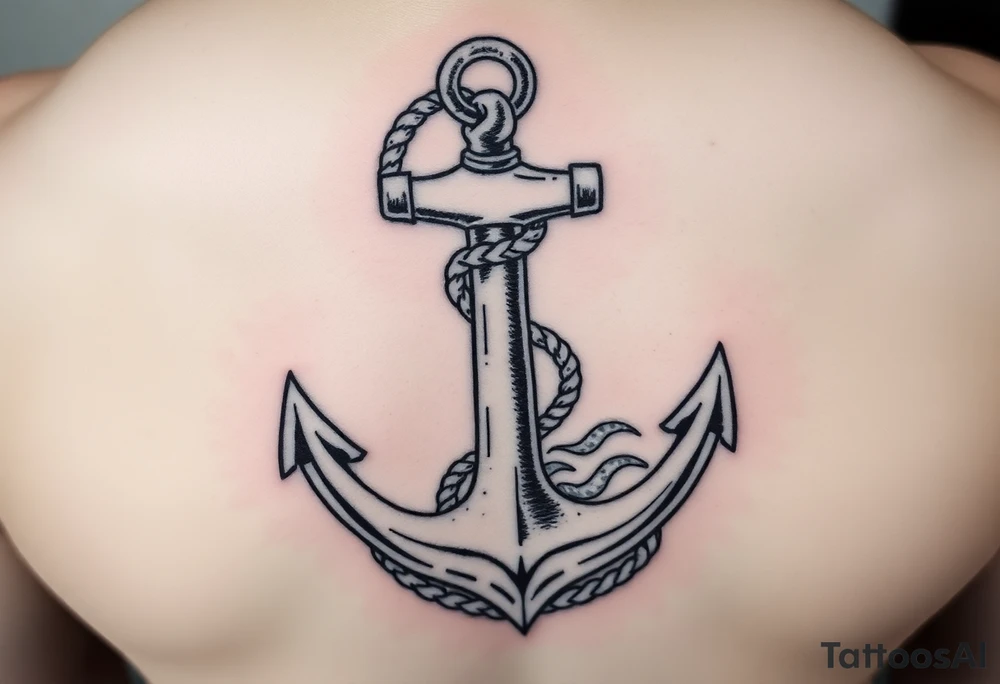 weathered anchor wrapped in nautical rope with sea waves tattoo idea