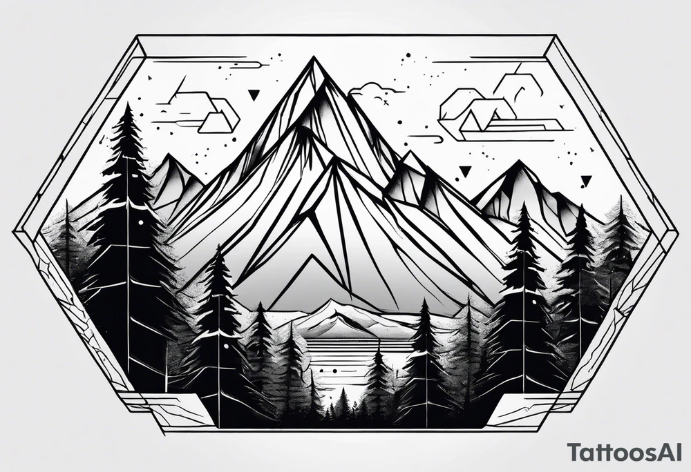 mountain with trees in hexagon tattoo idea