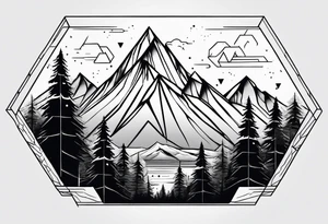 mountain with trees in hexagon tattoo idea