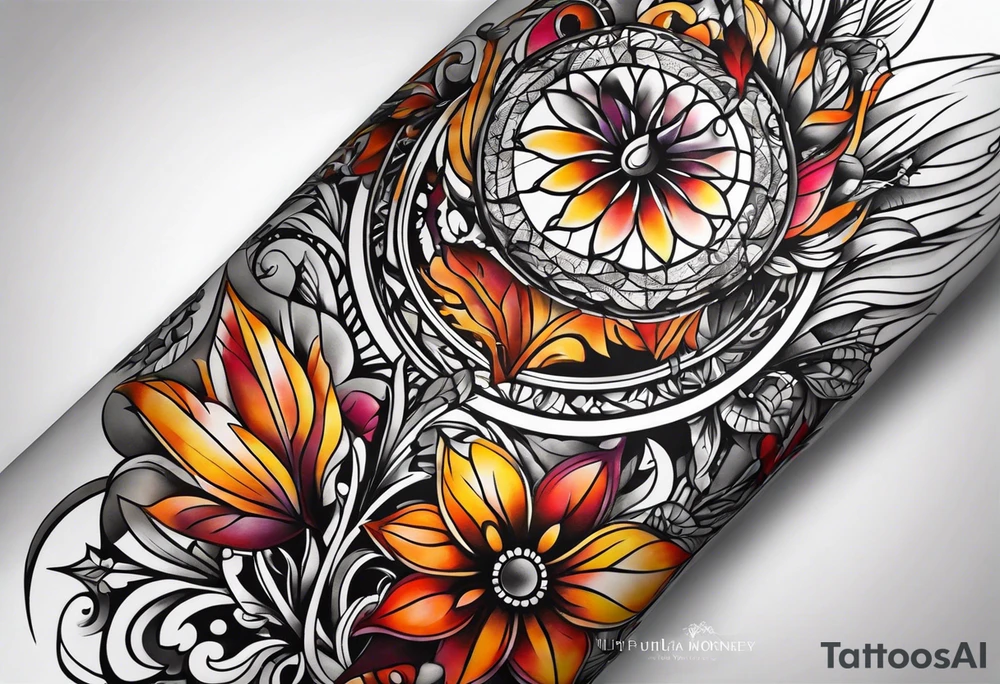 Arm Sleeve Tattoo with fall colors flat tattoo idea
