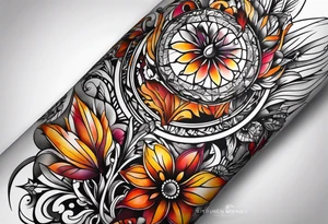 Arm Sleeve Tattoo with fall colors flat tattoo idea
