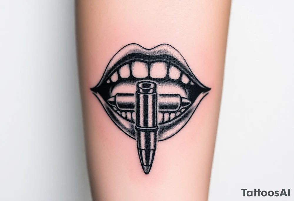 A set of lips snarling with 50cal round between teeth tattoo idea