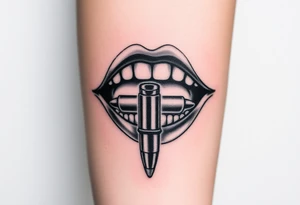 A set of lips snarling with 50cal round between teeth tattoo idea