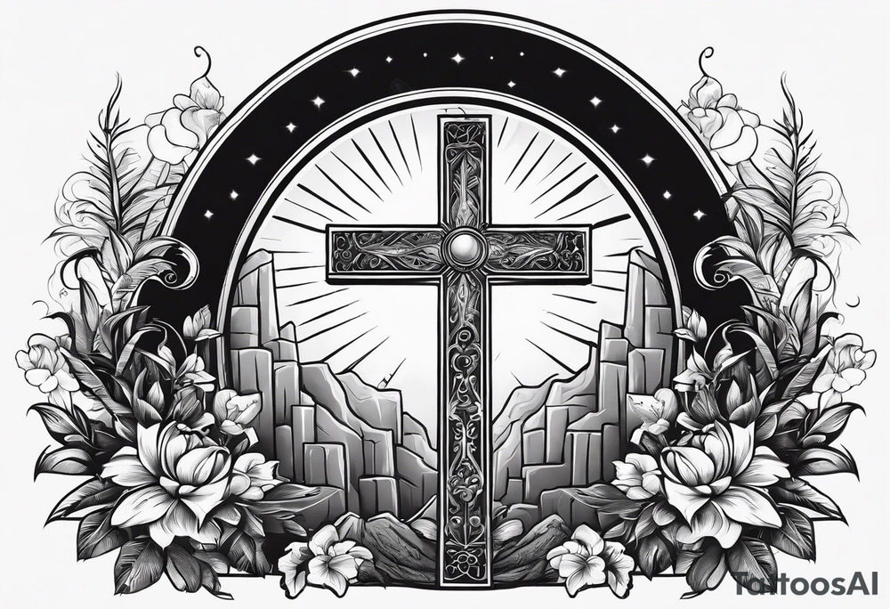 Tomb with cross and sun in the background tattoo idea