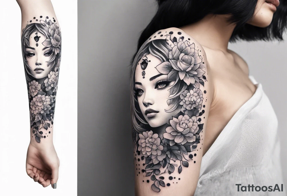 Anime robot covered in flowery vines, forearm tattoo tattoo idea