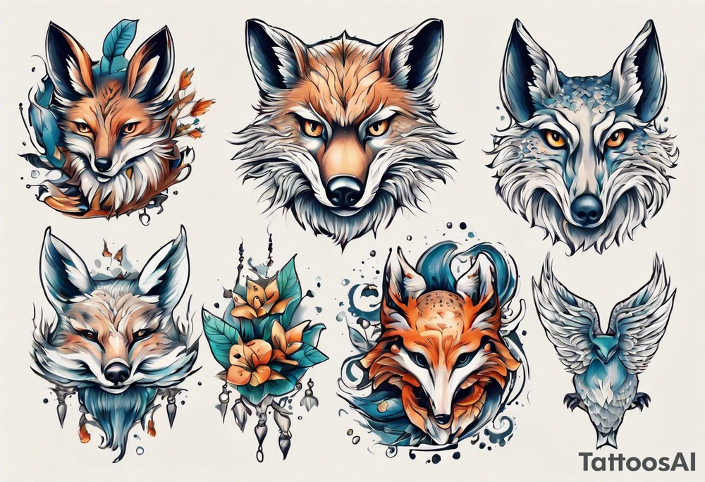 fisch, fuchs und eule tattoo idea