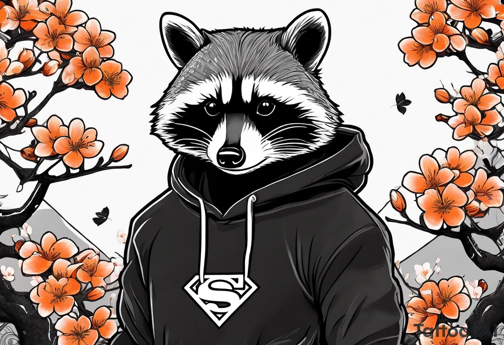 Raccoon wearing a white Superman logo on a black hoodie and orange Japanese cherry blossoms tattoo idea