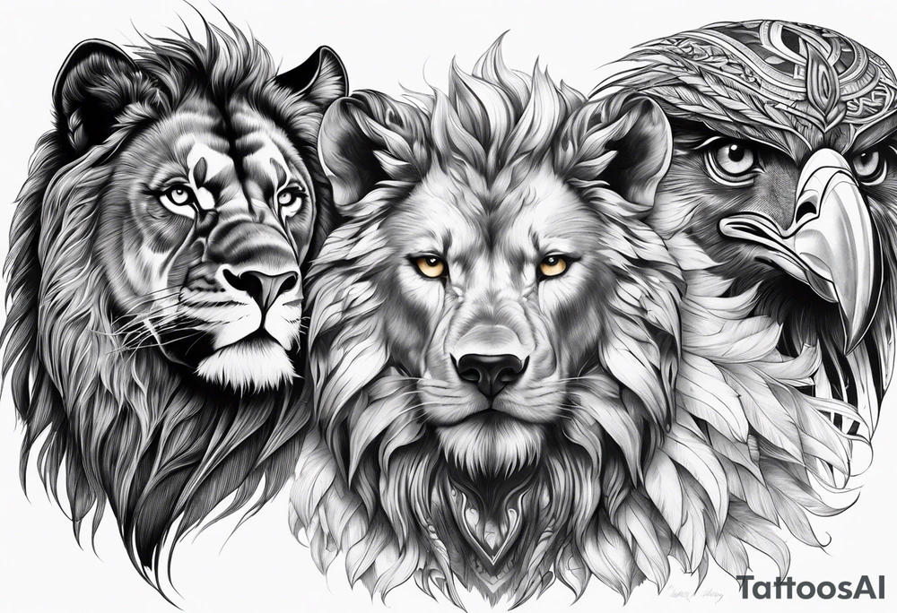 Face of a 1 Lion, an eagle, and 1 wolf tattoo idea