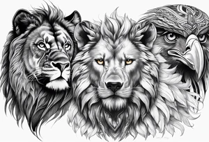 Face of a 1 Lion, an eagle, and 1 wolf tattoo idea