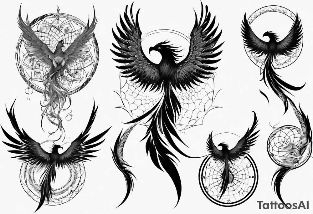 Vertical open mouthed flying Phoenix with wings blending into circles and a long abstract dream catcher feather tail tattoo idea