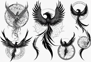 Vertical open mouthed flying Phoenix with wings blending into circles and a long abstract dream catcher feather tail tattoo idea