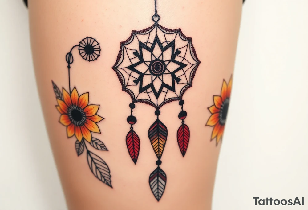 Dreamcatcher with zodiac symbols and protection runes caught in it with tigerlillies roses and sunflowers tattoo idea