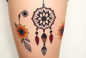 Dreamcatcher with zodiac symbols and protection runes caught in it with tigerlillies roses and sunflowers tattoo idea