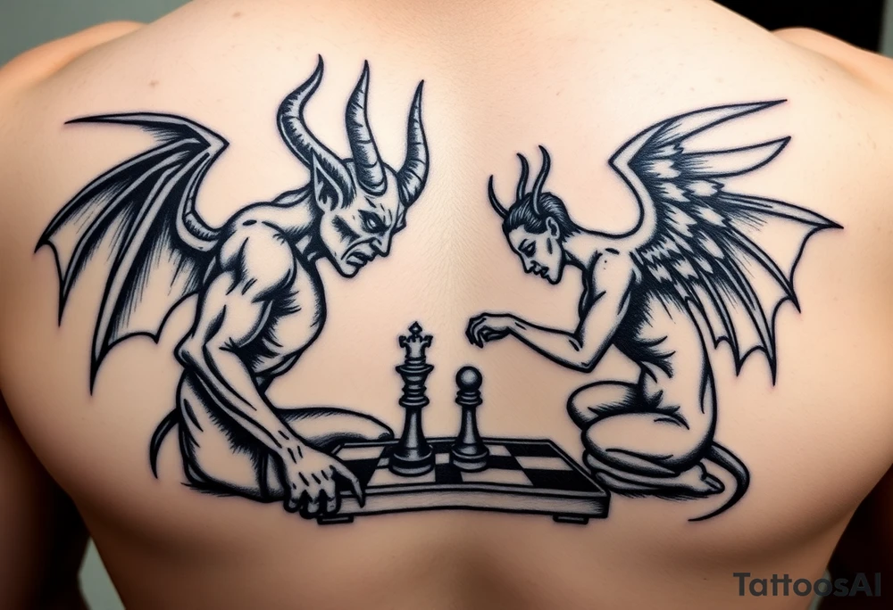 devil and angel playing chess in black. Make them seem like people and not animals tattoo idea